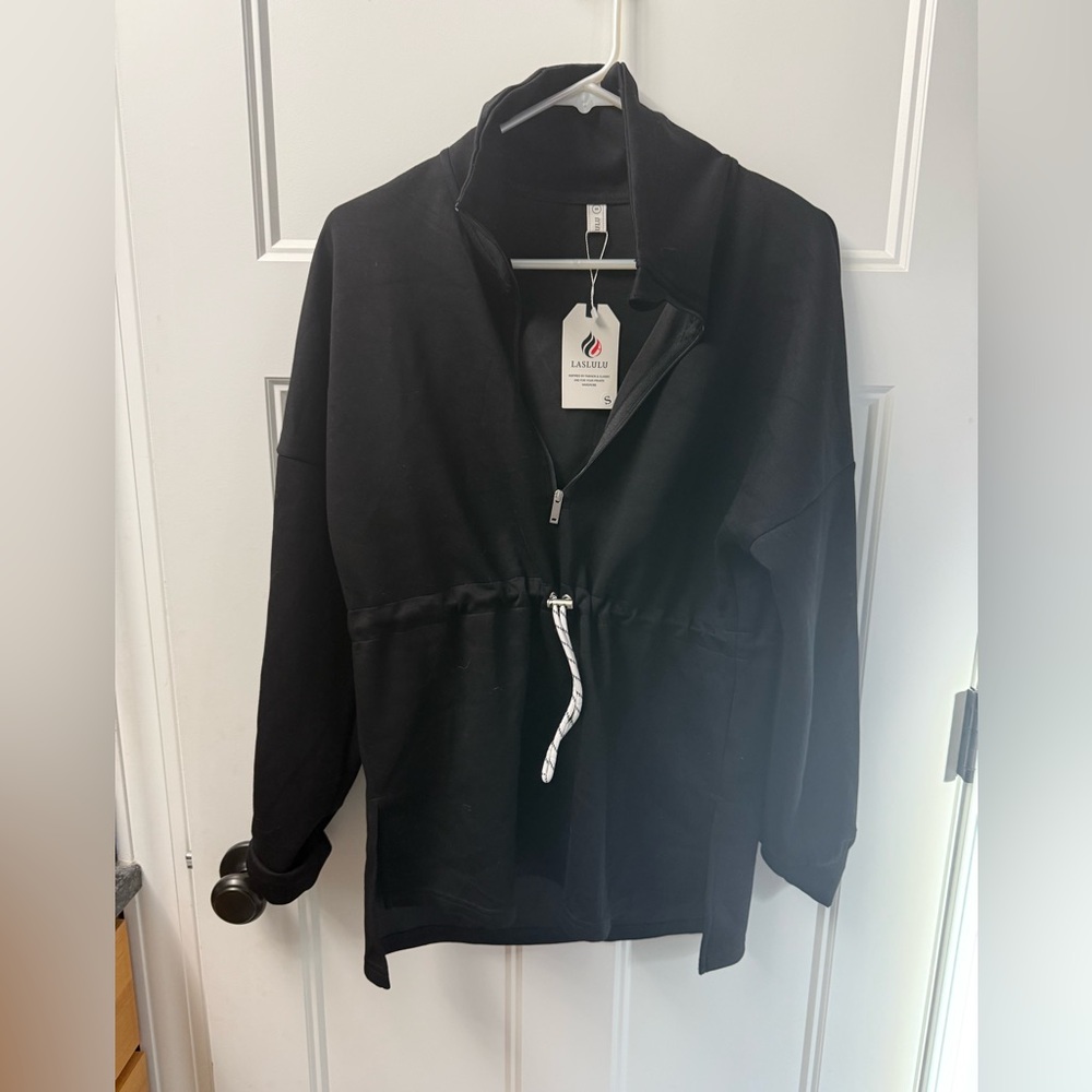NWT LASLULU Black Half-Zip Pullover with Drawstring